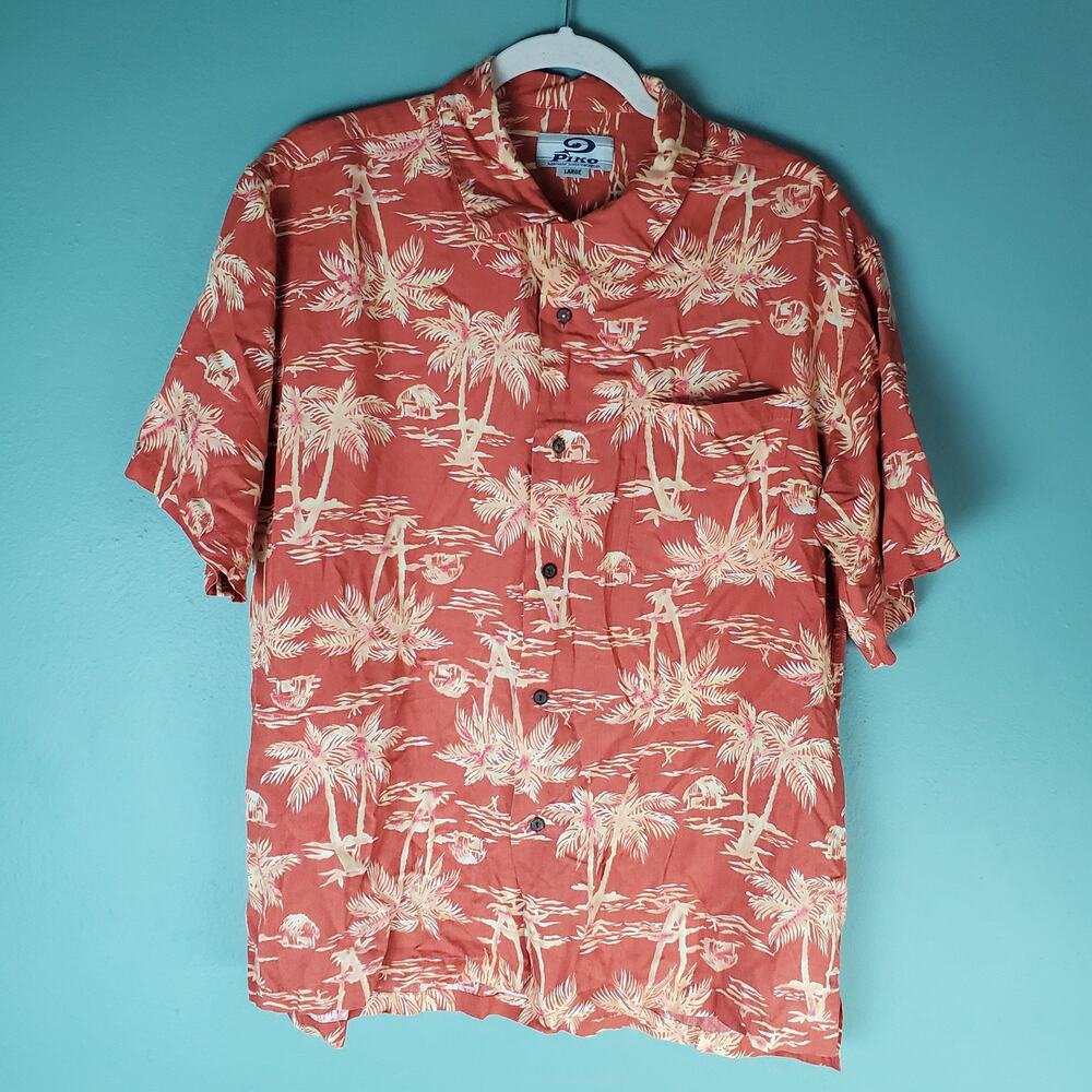 Piko Mens' Orange Palm Tree Print Button Up Hawaiian SS Shirt Size Large